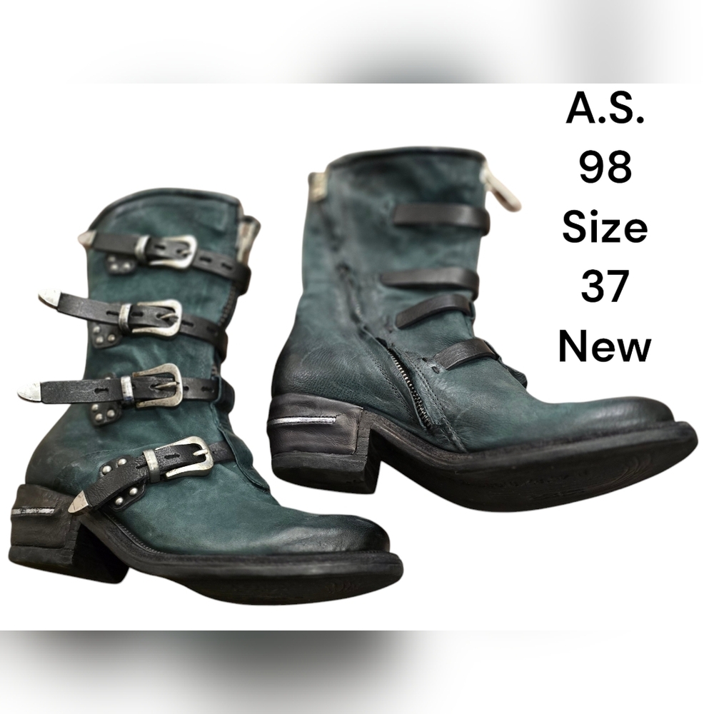 A.S.98 Teal Leather Buckle Ankle Boots - Women